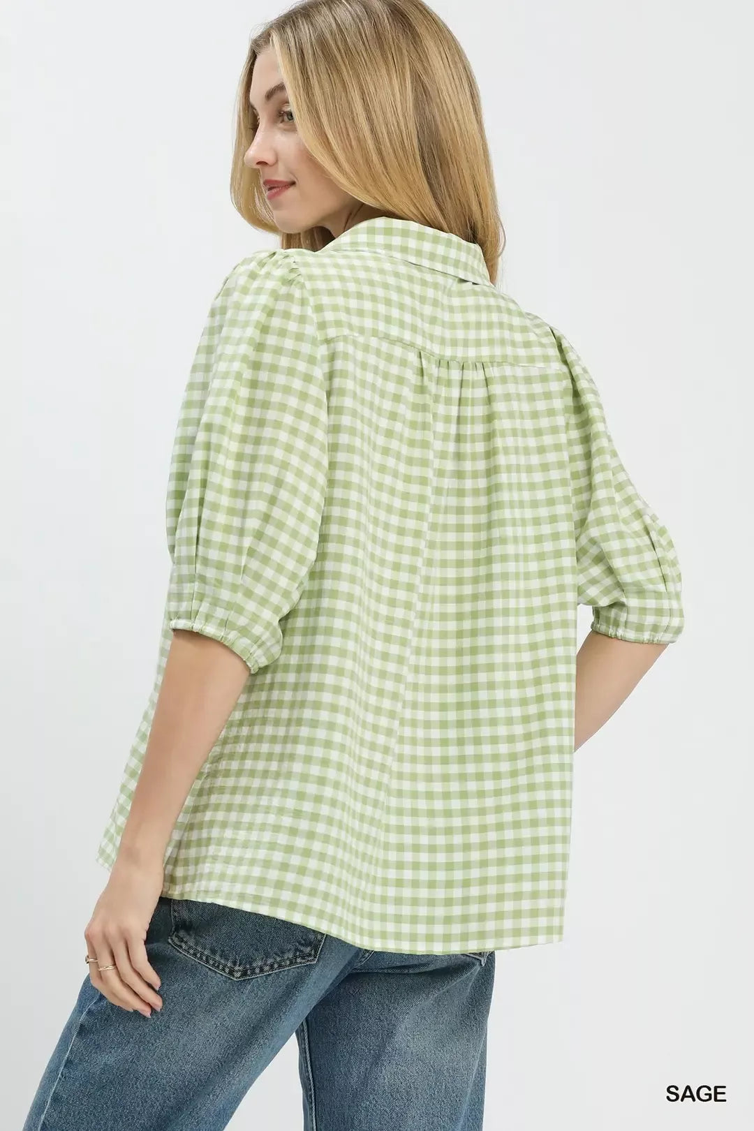 Umgee Gingham Puff Sleeve Collared Blouse