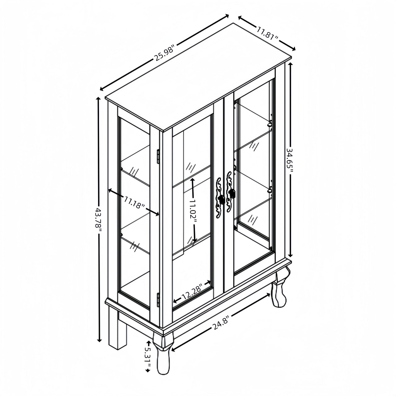 2 Doors Curio Cabinet with Tempered Glass Doors, Curio Cabinets with Mirrored Back Panel and Adjustable Shelves, Lighted Display Cabinet for Home, Office Light Bulb Included White