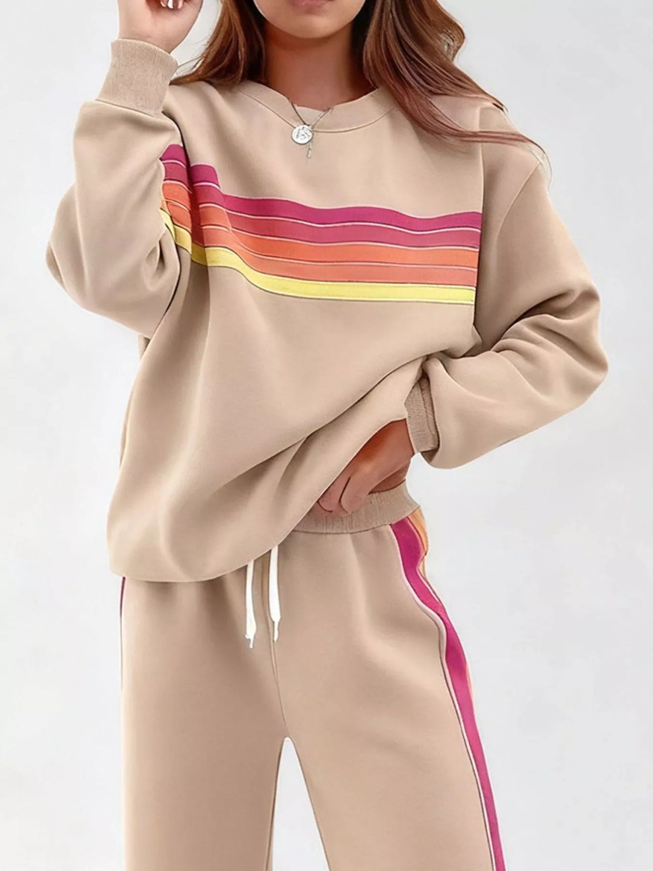 Striped Round Neck Sweatshirt and Pants Set