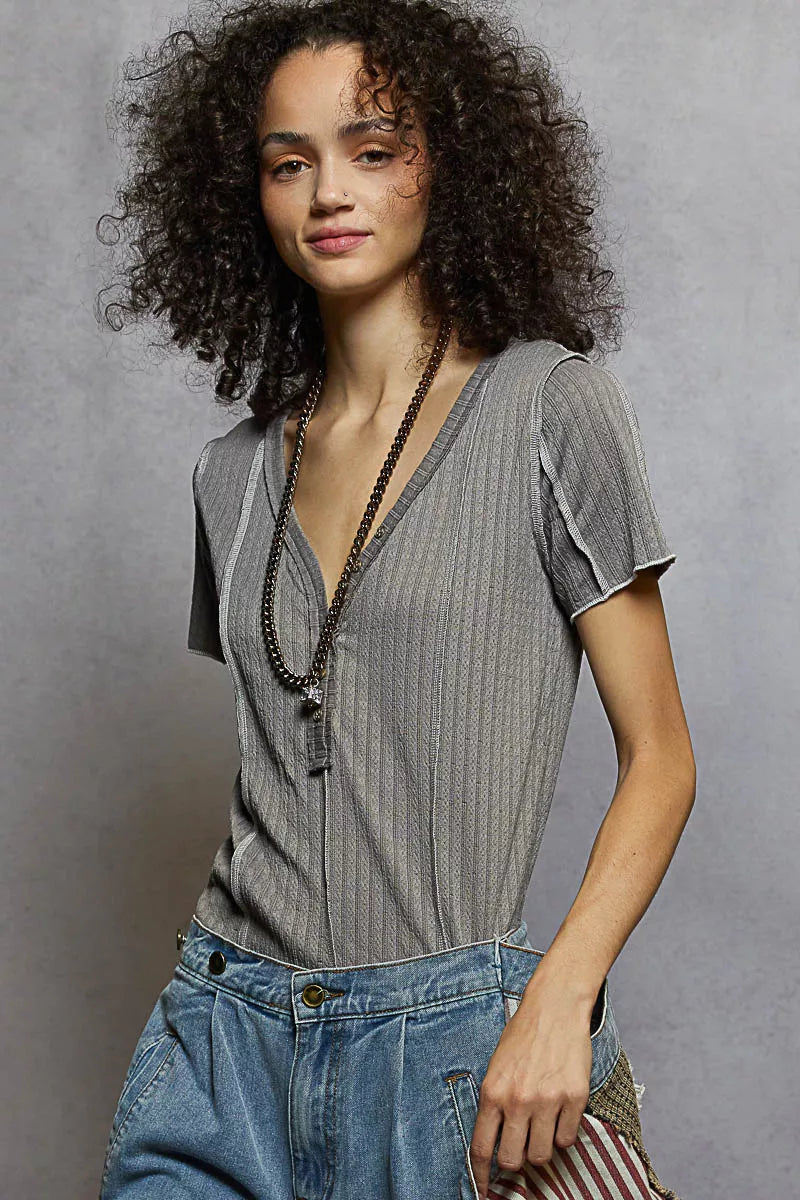 POL V-Neck Short Sleeve Top with Stitch Seam Detail