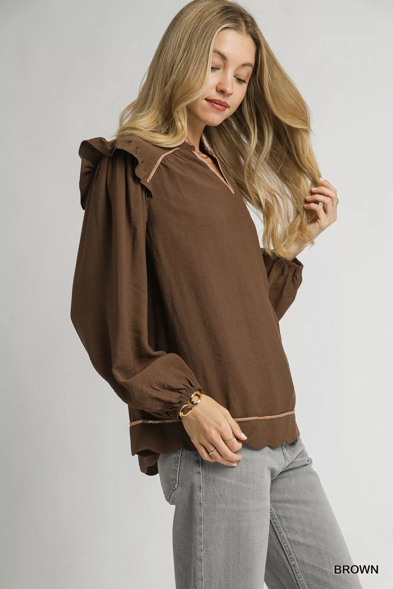 Umgee Ruffle Shoulder Long Sleeve Blouse