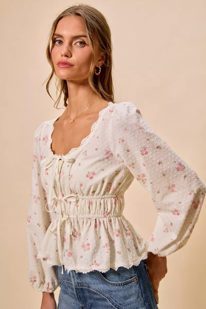 SO ME Floral Clip Dot Lace Trim Ruched Bodice Blouse
