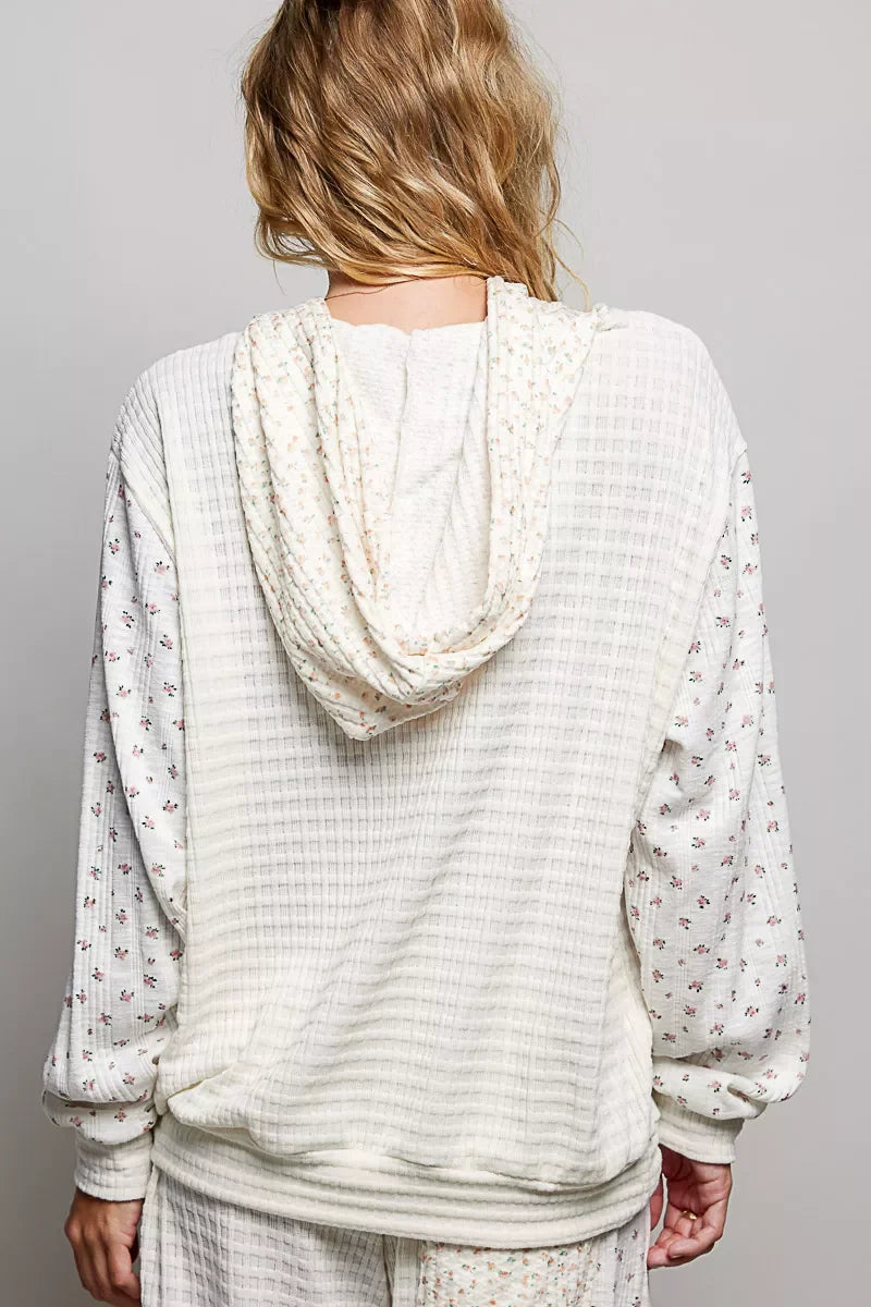 POL Mixed Knit Contrast Print Sleeve Hoodie with Kangaroo Pocket