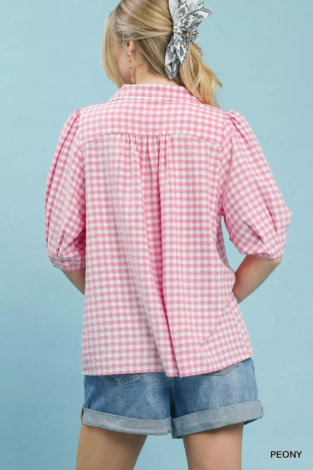 Umgee Gingham Puff Sleeve Collared Blouse