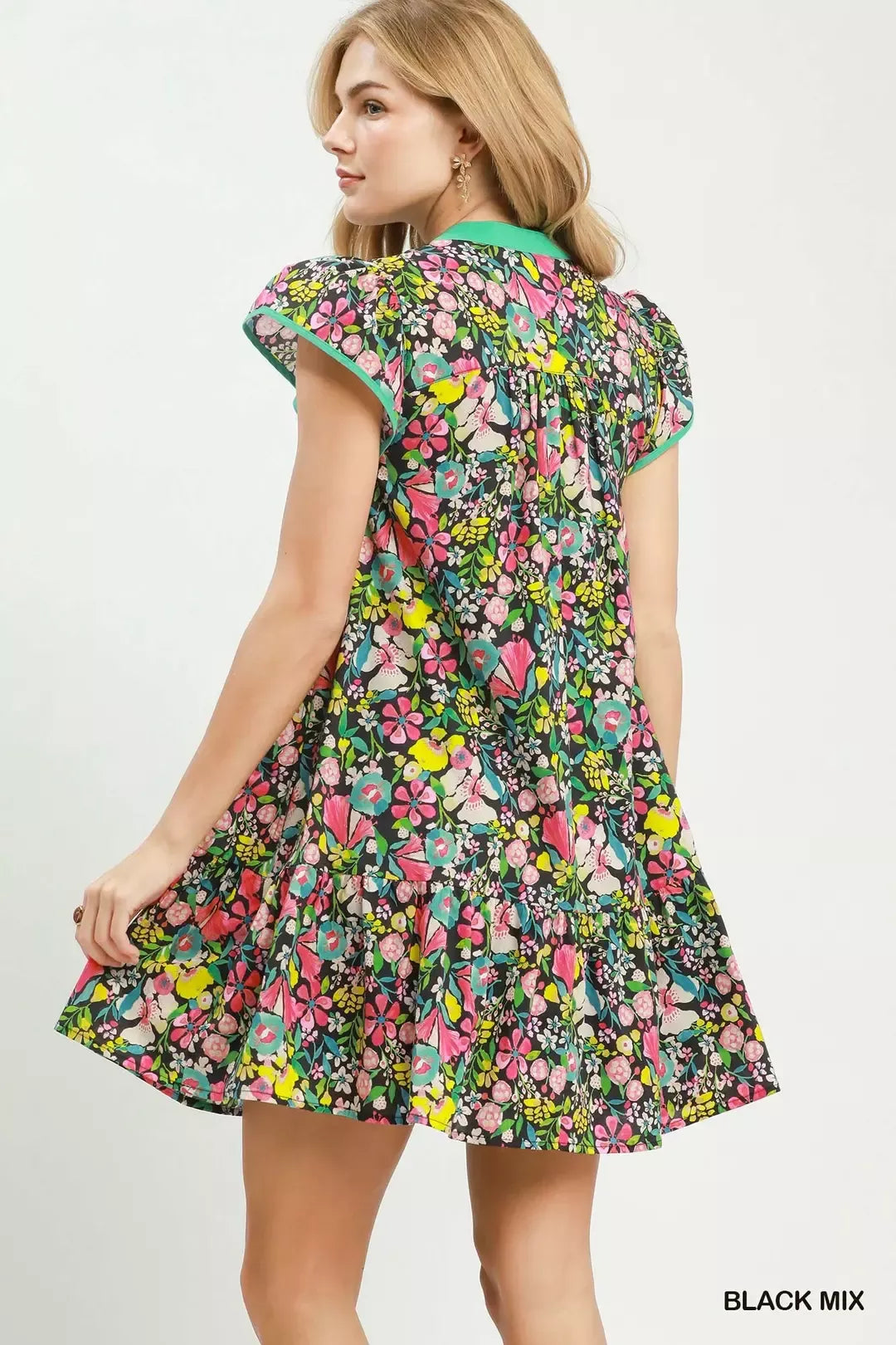 Umgee Floral Flutter Sleeve Tiered Mini Dress