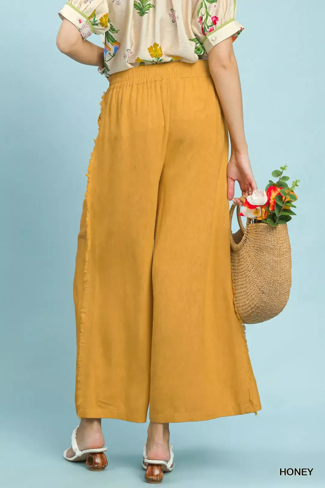 Umgee Linen Frayed Side Pocket Wide Leg Pants