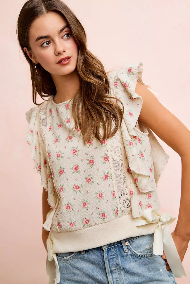 BiBi Flower Printed Ruffle Sleeve Trim Detail Top