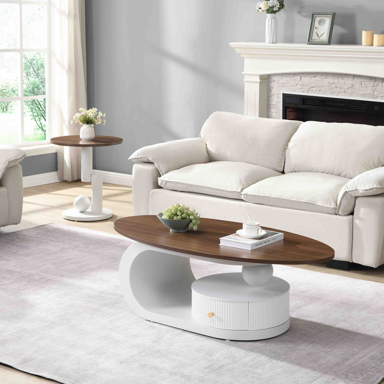 Luxury Nesting Coffee Table Set of 2,  Tables with Storage for Living Room, Oval and Round Table Set, White Center Table, Cocktail Table, Side Table,  Large 47.24'', Small 19.69''