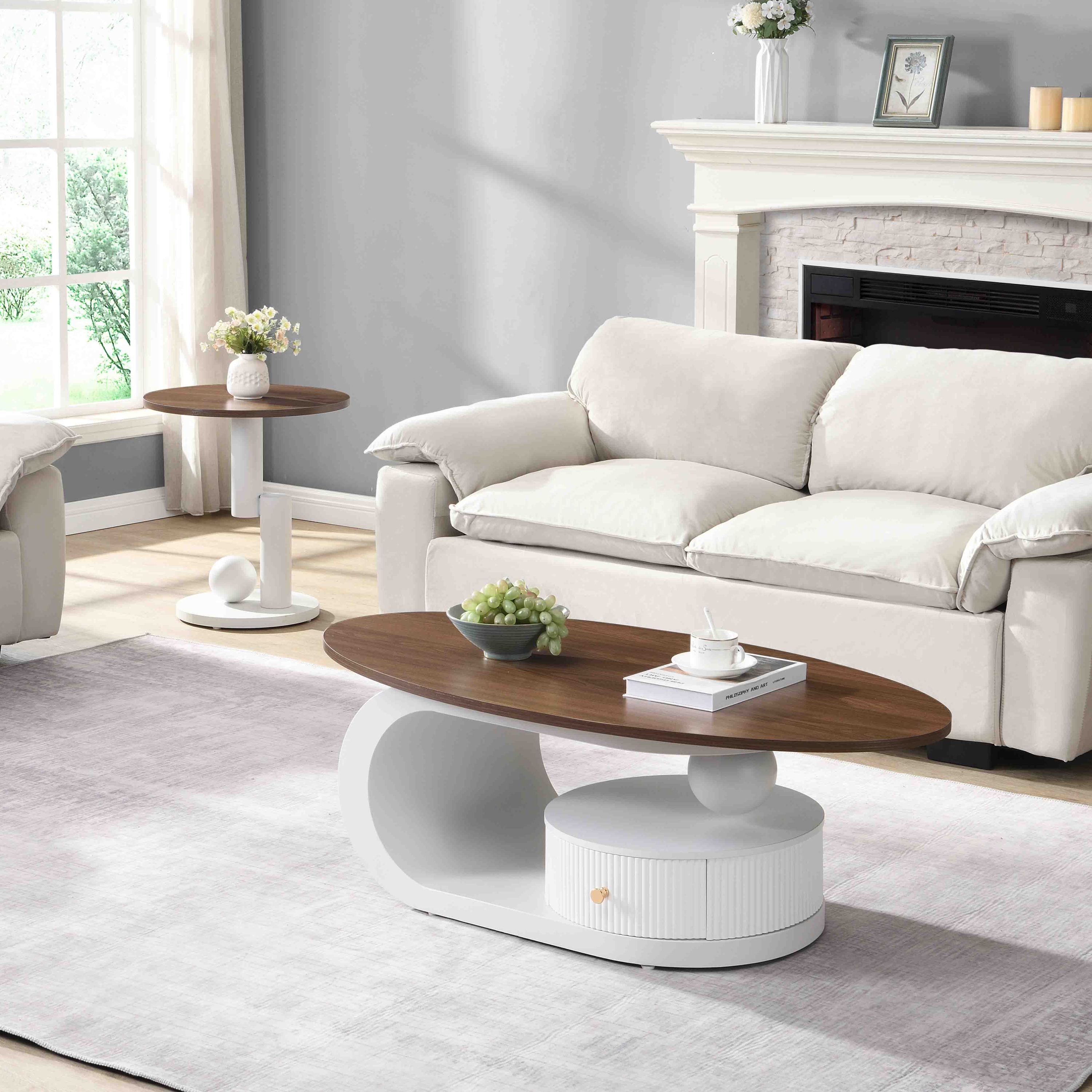 Luxury Nesting Coffee Table Set of 2,  Tables with Storage for Living Room, Oval and Round Table Set, White Center Table, Cocktail Table, Side Table,  Large 47.24'', Small 19.69''