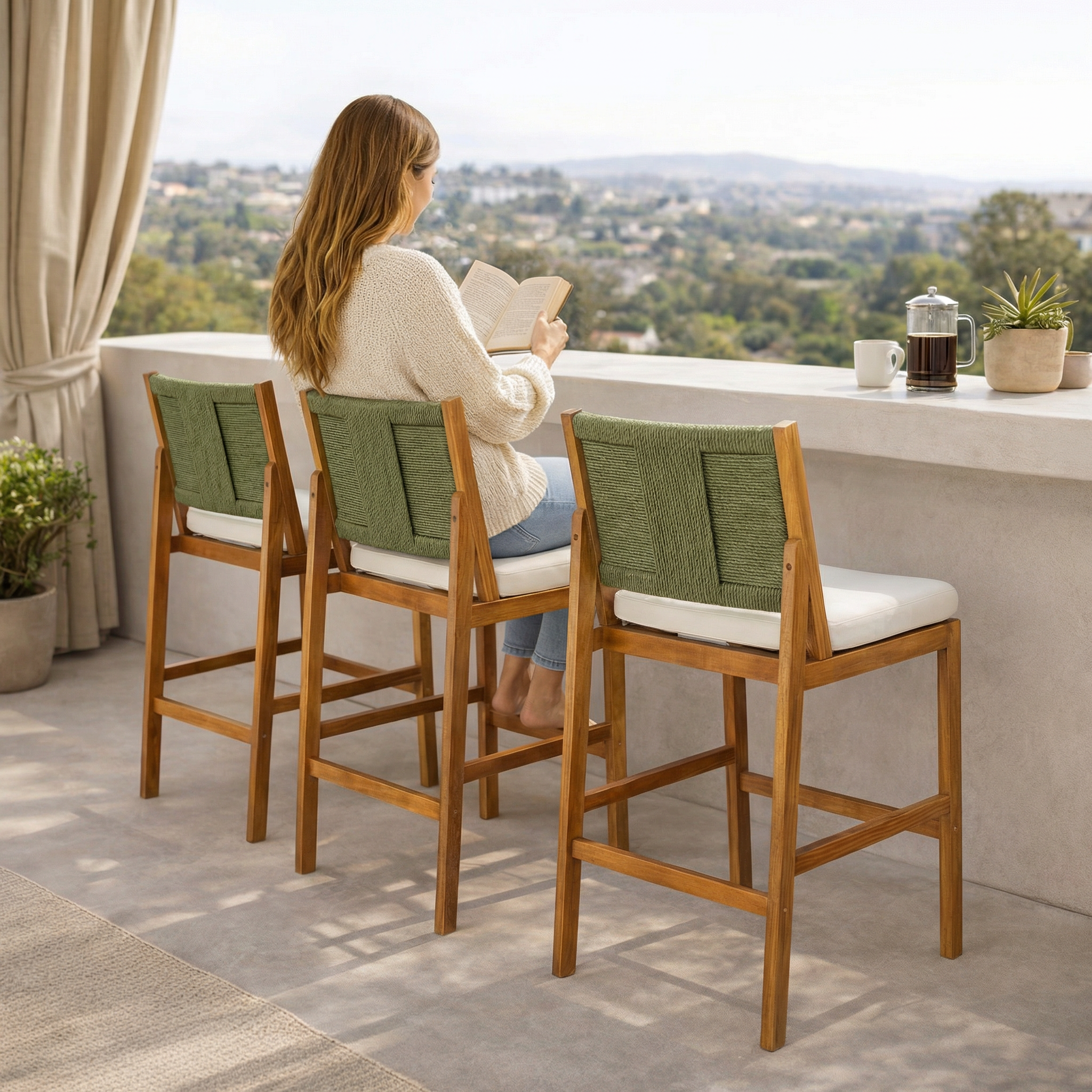 4 Pieces Arly Green Outdoor Bar Stool Solid Acacia Wood and Woven Wicker