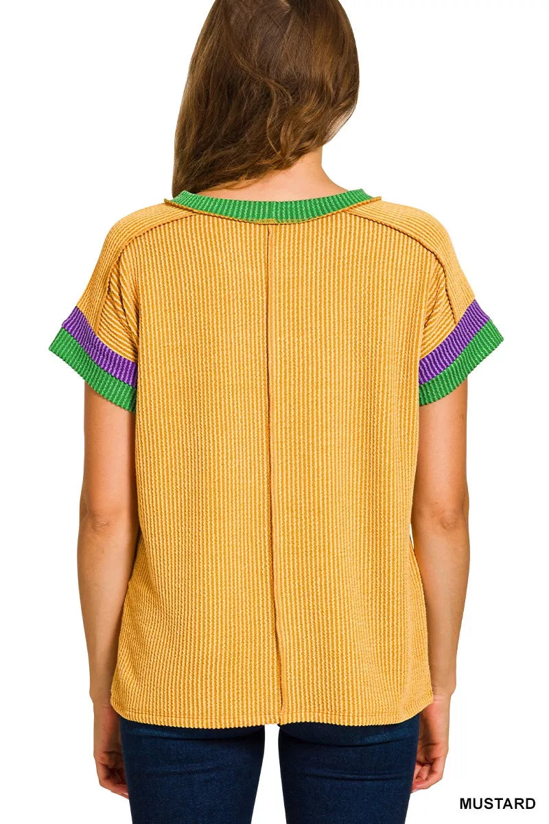 Zenana Mardi Gras Raised Rib Contrast Trim Top