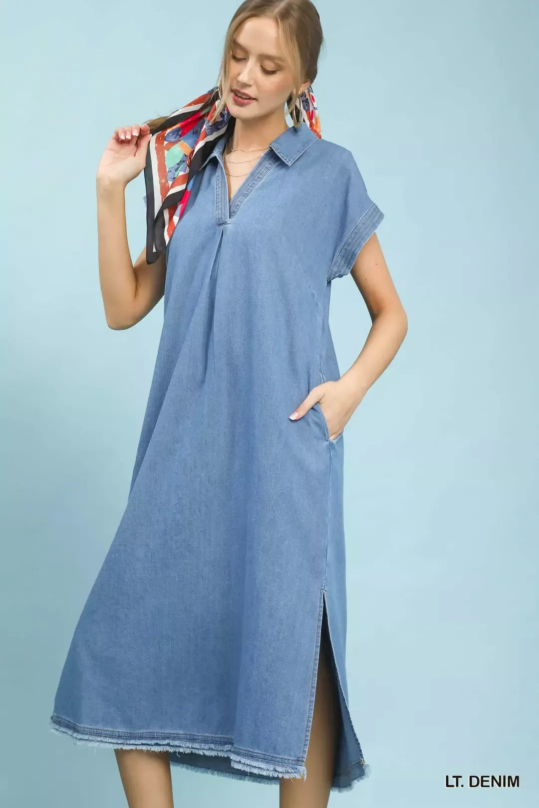 Umgee Stone Washed Collared Denim Midi Dress