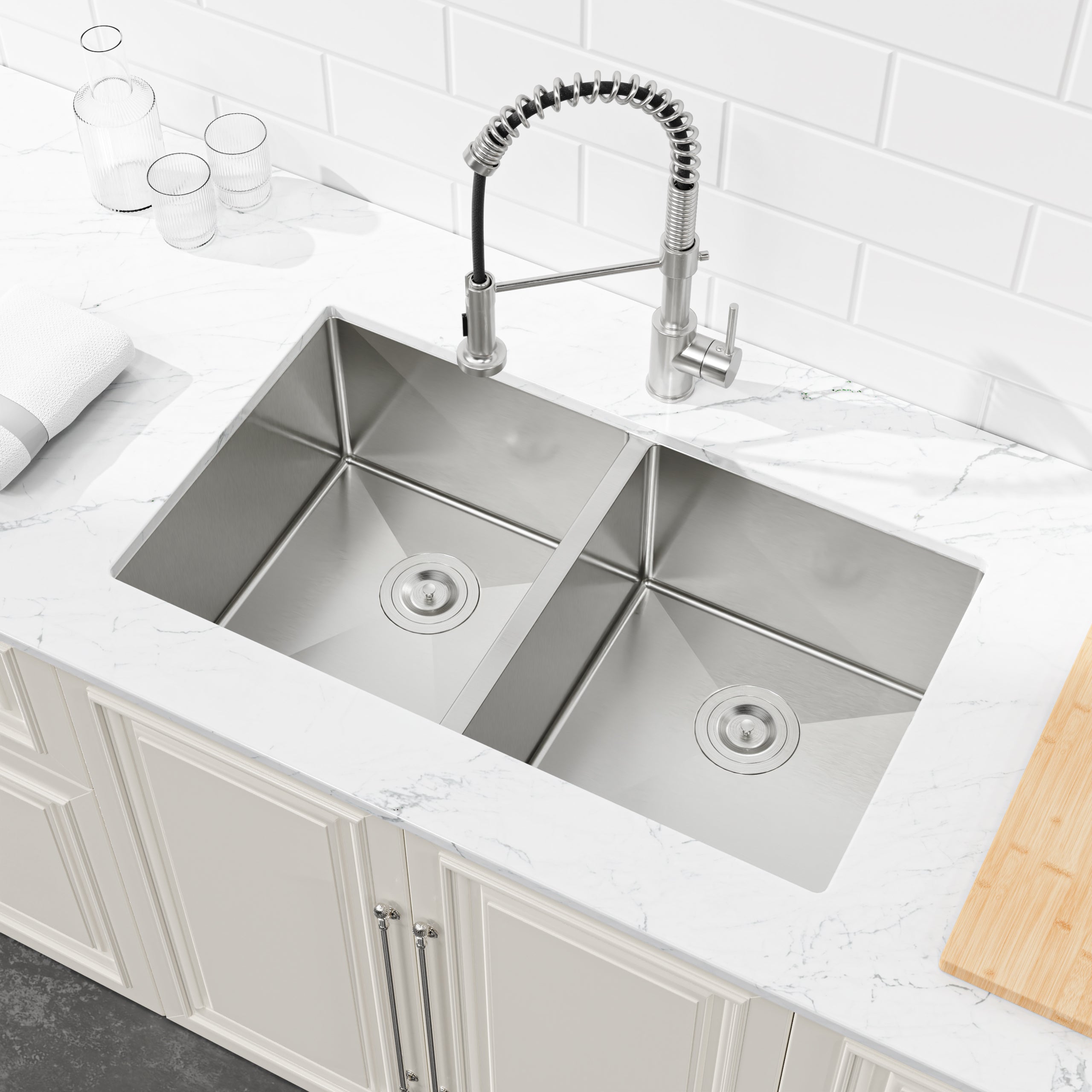 33'x19' Embedded Double Bowl Kitchen Sink, Undermount Handmade Sink in Brushed (Sink only)