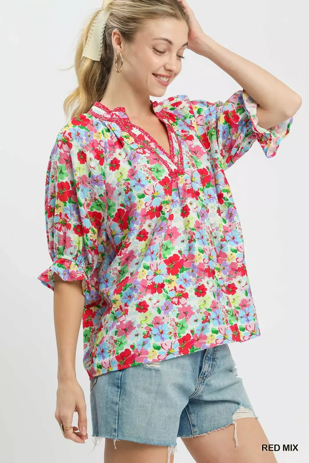 Umgee Mix Floral Print Ruffle Top