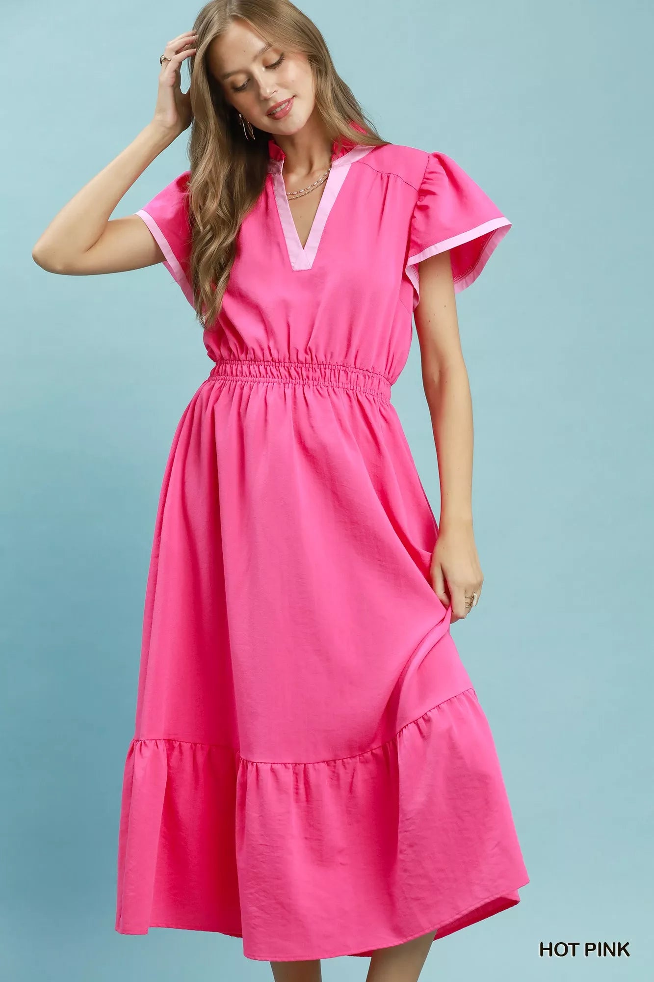 Umgee Contrast Trim Midi Dress with Tiered Ruffle Hem
