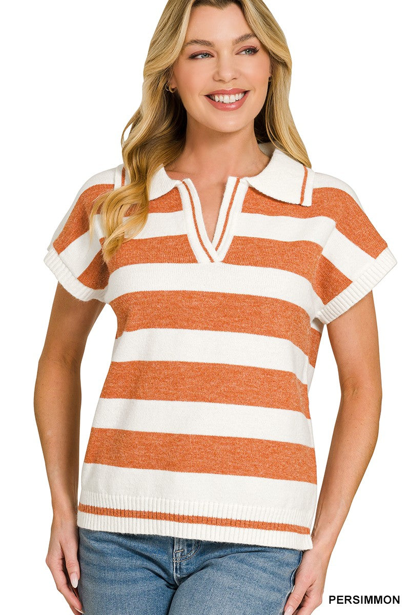 Zenana Striped Collared Short Sleeve Sweater