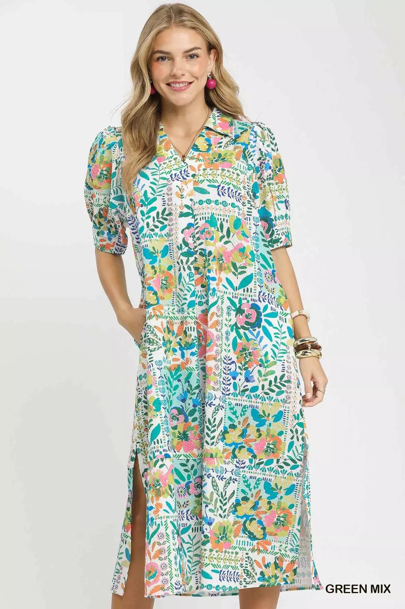 Umgee Folk Print Midi Dress with Side Pockets