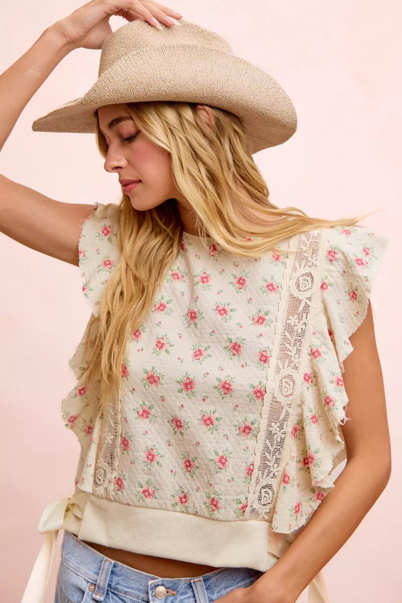 BiBi Flower Printed Ruffle Sleeve Trim Detail Top