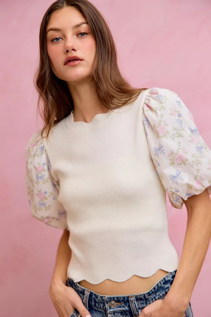 SO ME Floral Cotton Contrast Sleeves Scallop Sweater Top
