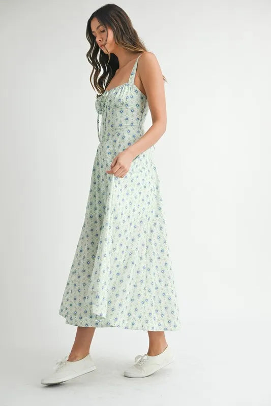 MABLE Floral Print Bustier Back Lace Up Midi Dress
