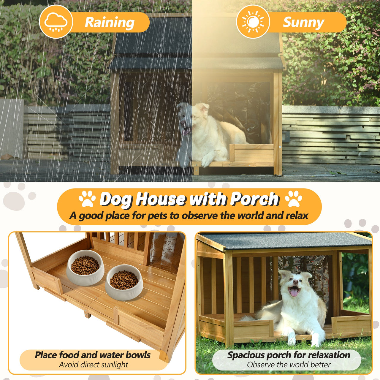 60.2' Large Outdoor Dog House with Insulated Liner for Winter Waterproof Dog Kennel for Medium & Large Dogs, Dog House with Porch and Asphalt Roof and Elevated Floor, Nature