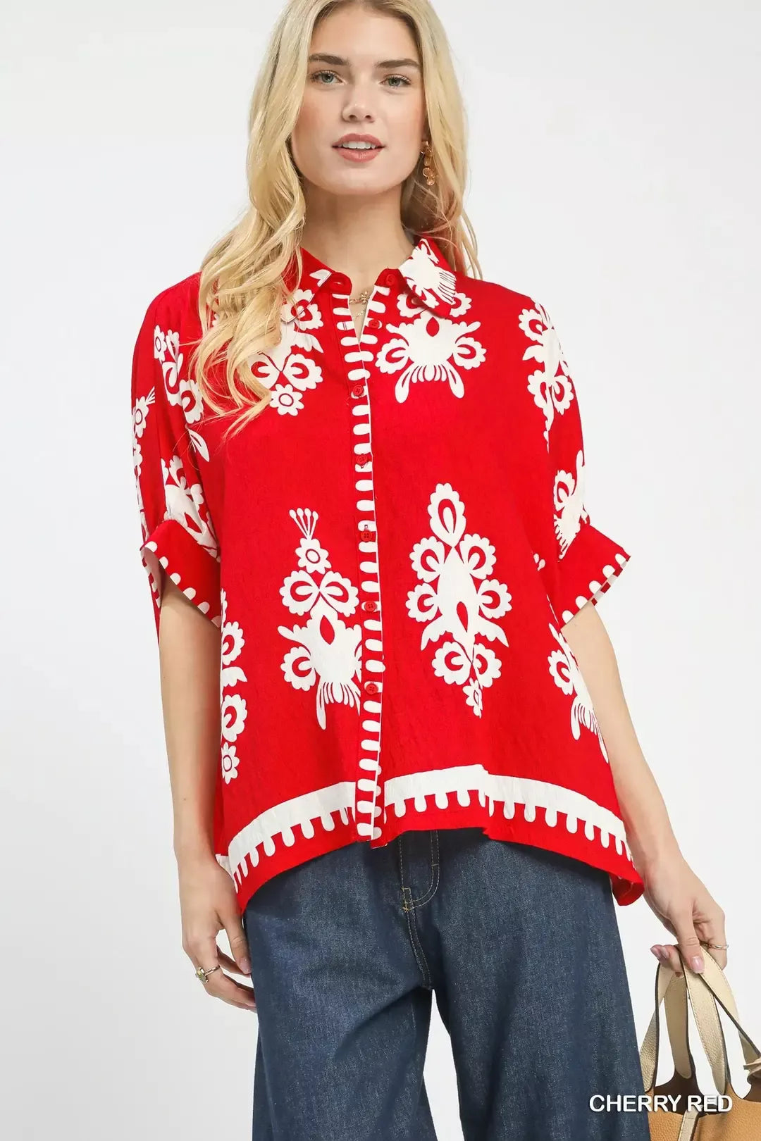 Umgee Abstract Print Button Down Short Sleeve Shirt