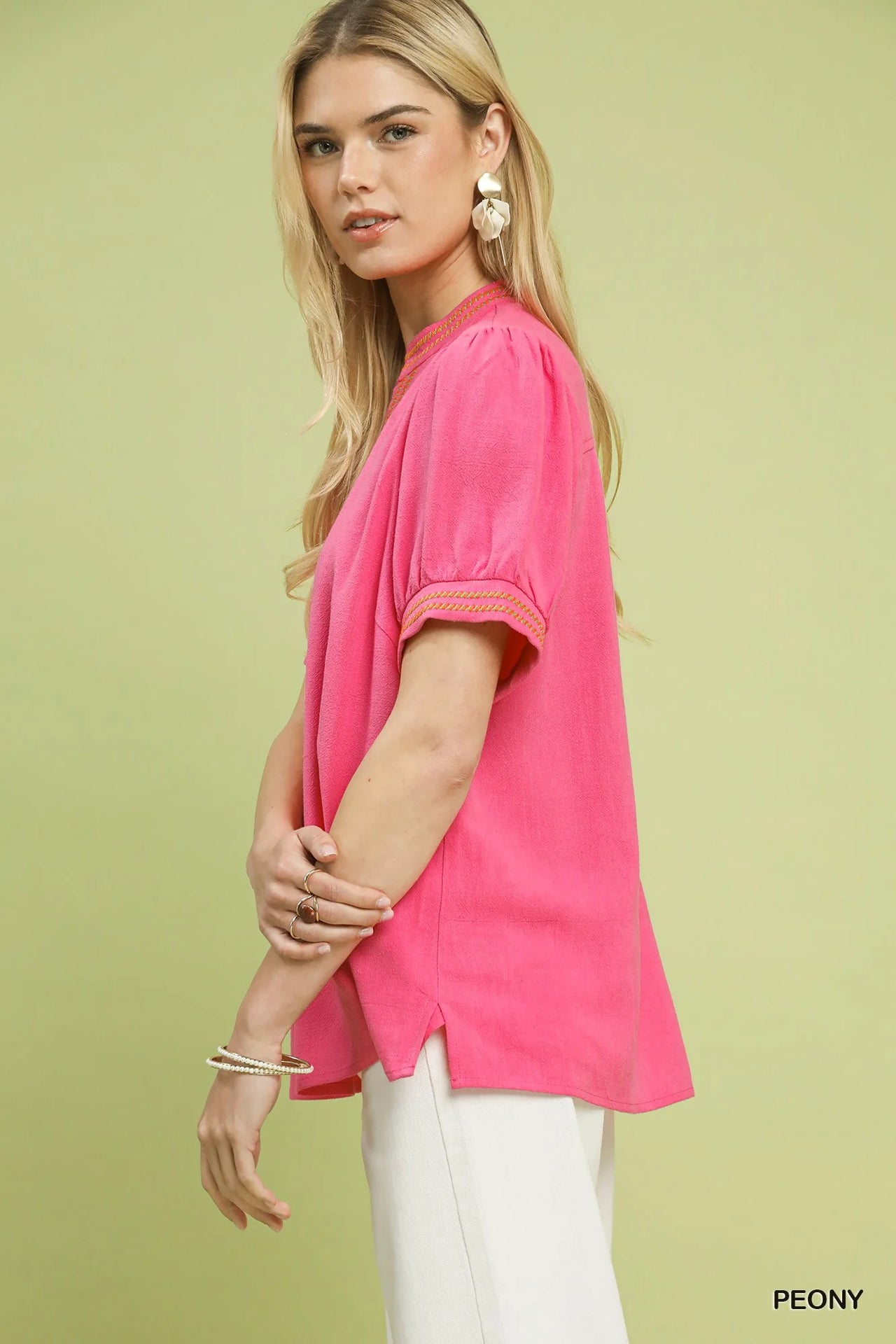 Umgee Embroidery Linen Puff Sleeve Blouse