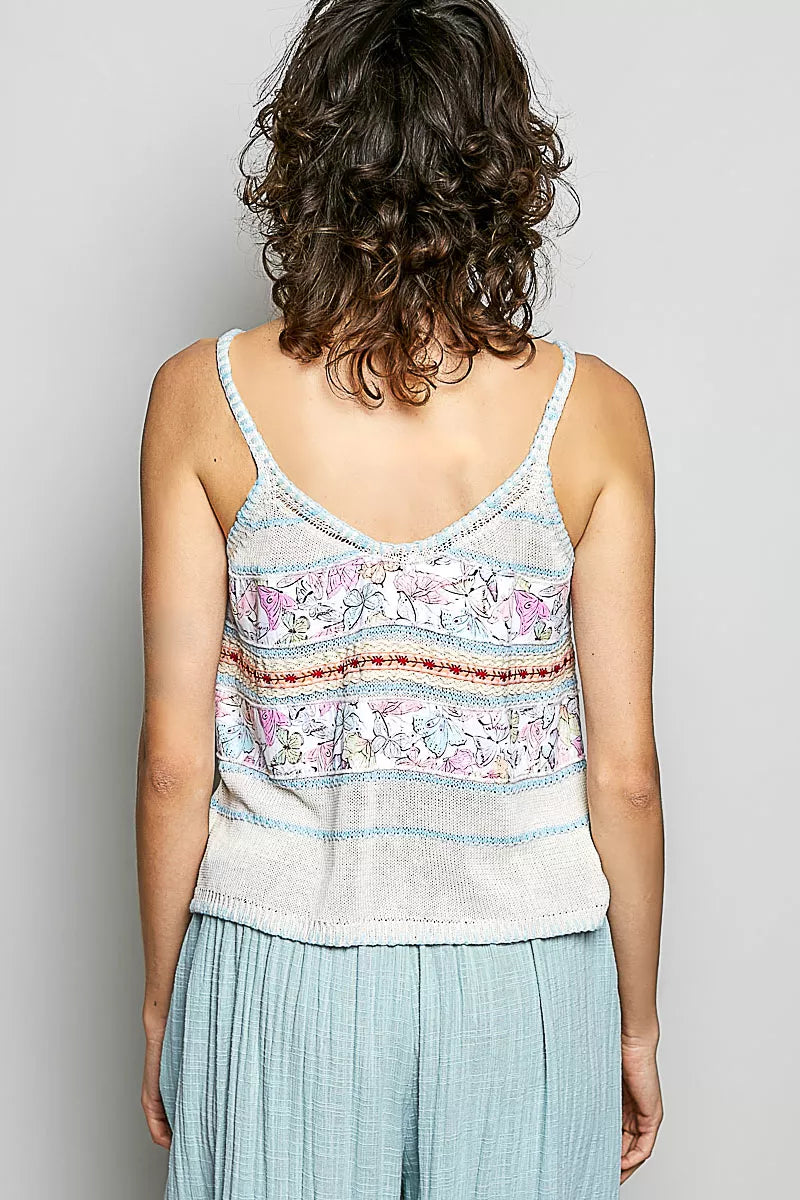 POL Printed Contrast Button Down Cami with Trim Detail and Blanket Stitch