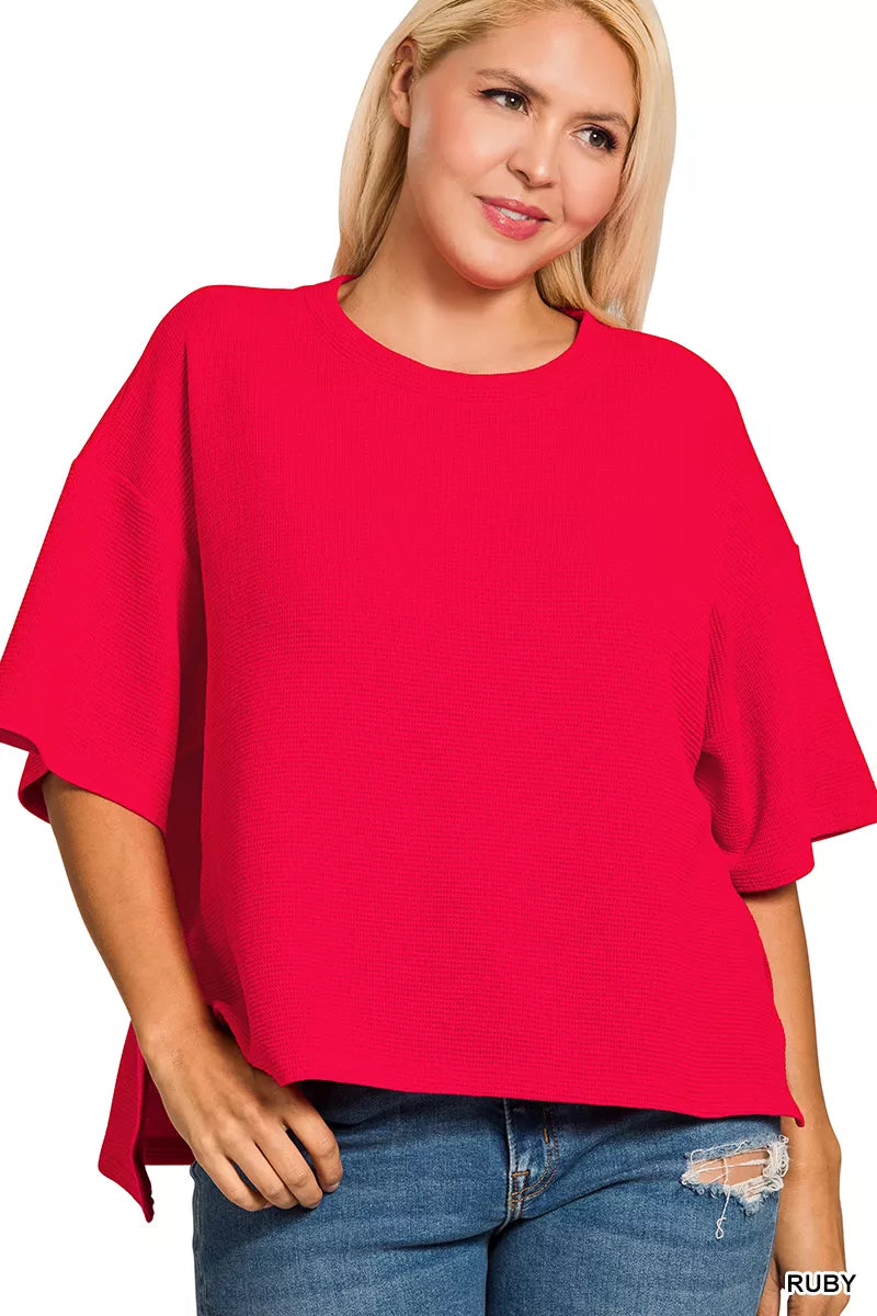 Zenana Full Size Double Knit Side Slits Hi Low Short Sleeve Top Plus Size