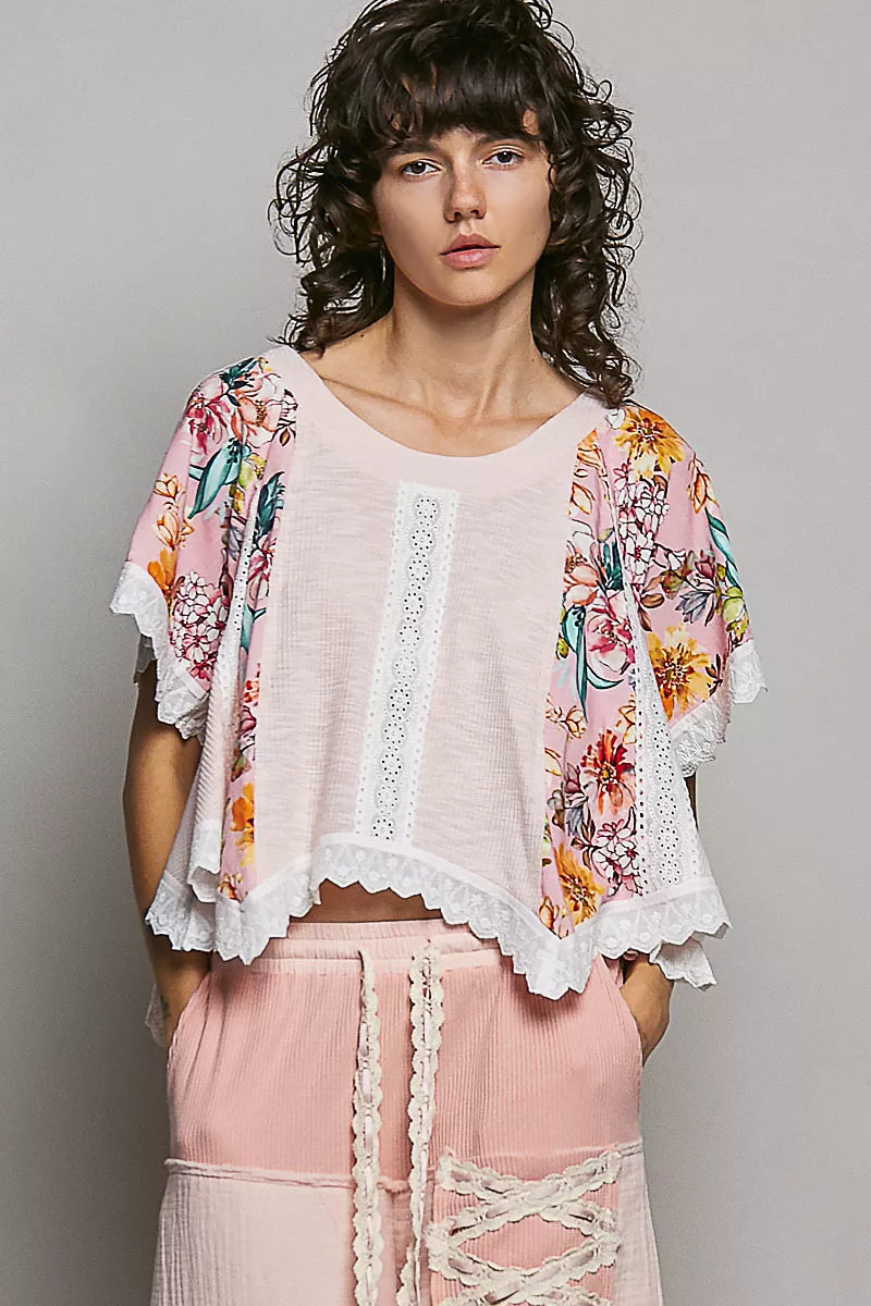 POL Round Neck Ribbed Cropped Top with Lace Detail
