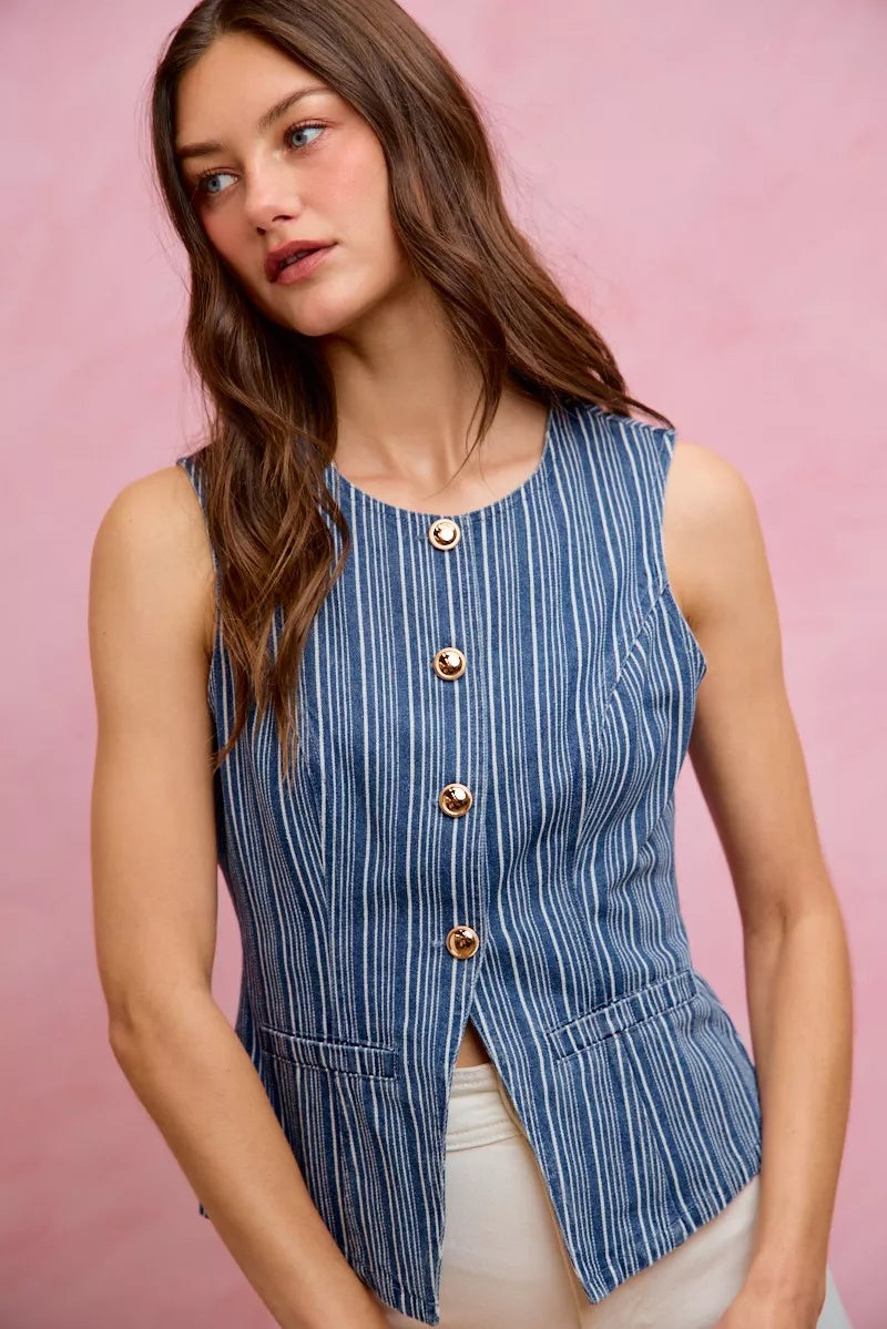 SO ME Stripe Slim Fit Button Front Denim Vest Top