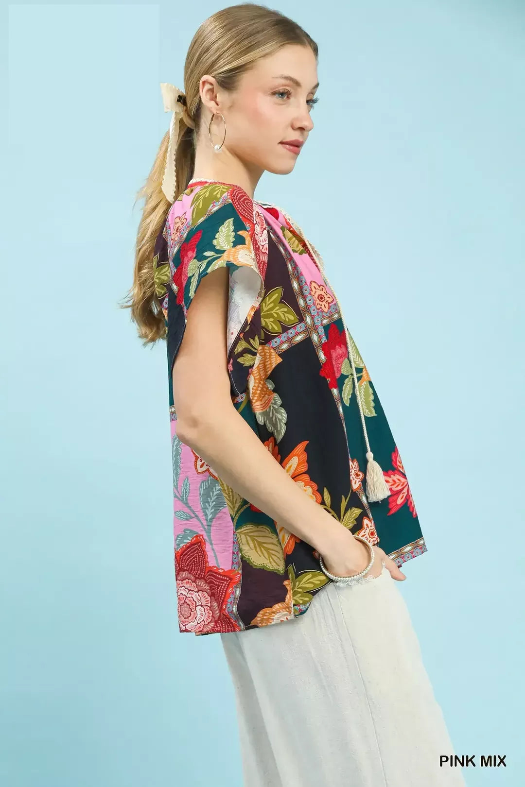 Umgee Mix Floral Patchwork Tassel Tie Top