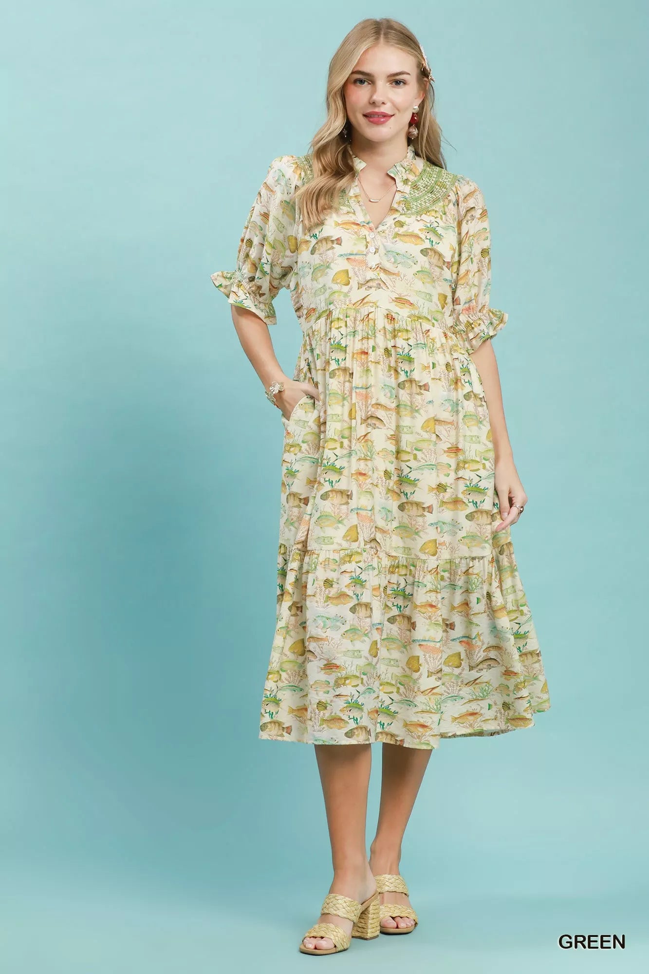 Umgee Print Tiered Midi Dress