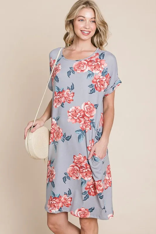 BOMBOM Floral Round Neck Short Tee Dress with Pockets