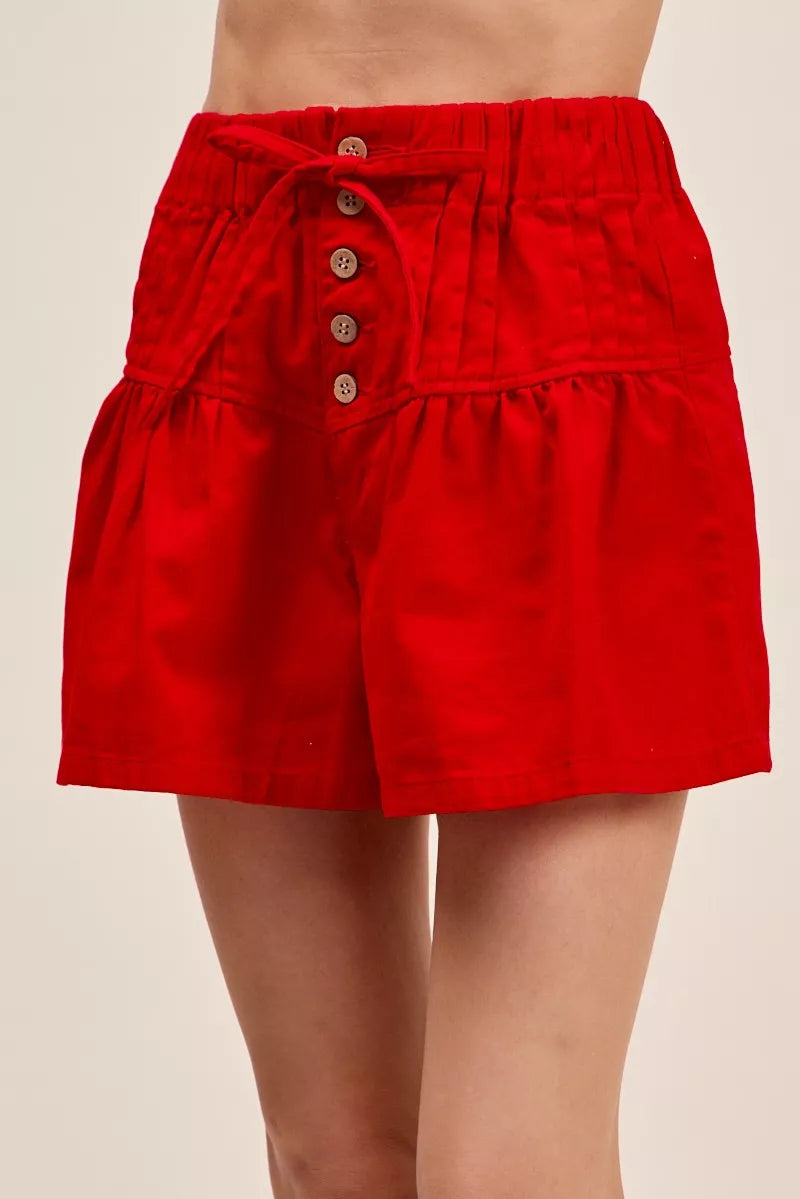 SO ME Solid Twill Denim Pintucked Buttoned Shorts With Waist Tie