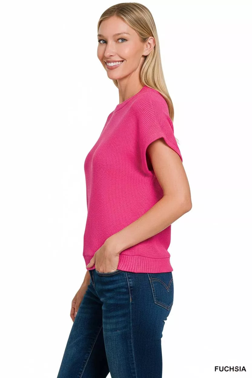 Zenana Round Neck Banded Botton Short Sleeve Sweater