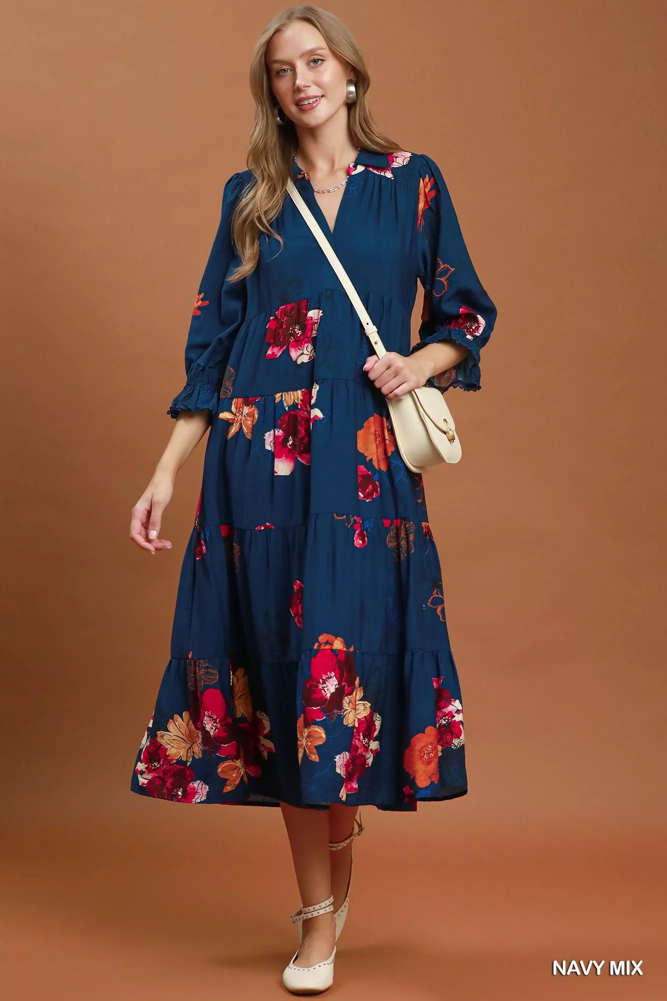 Umgee Floral Print Tiered Midi Dress with Puff Sleeves