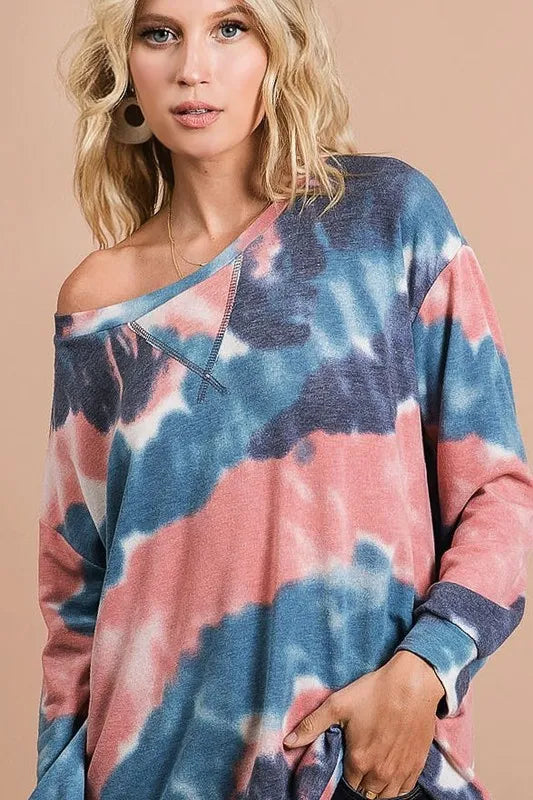 BiBi Tie Dye French Terry Pull Over with Front Stitching Detail