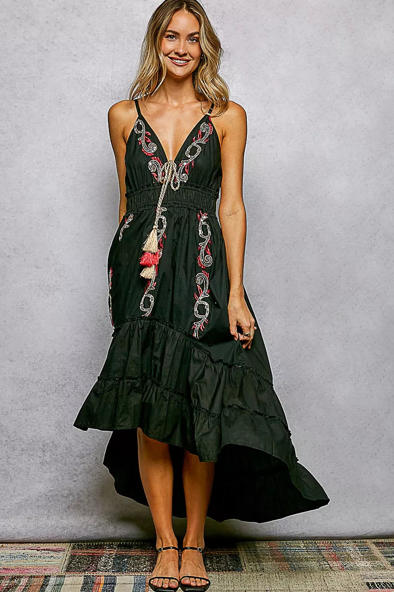 POL Embroidered Detail Tassel Tie Smocked Waist Midi Tiered Cami Dress