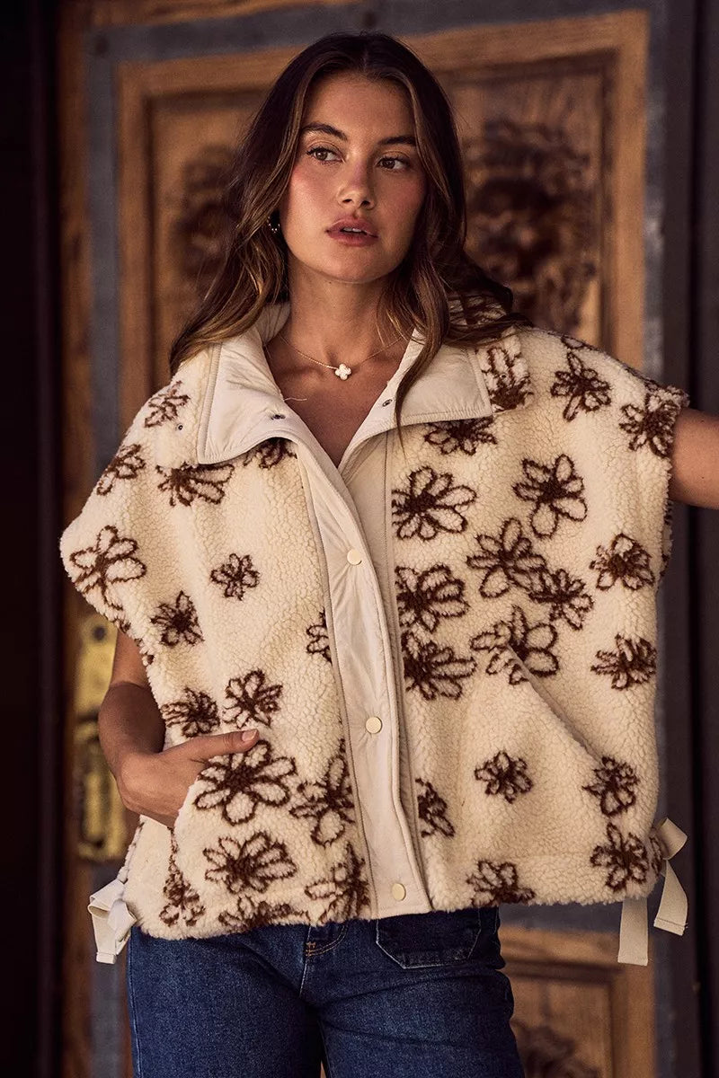 SO ME Flower Sherpa Fur Oversized Sleeveless Vest Jacket