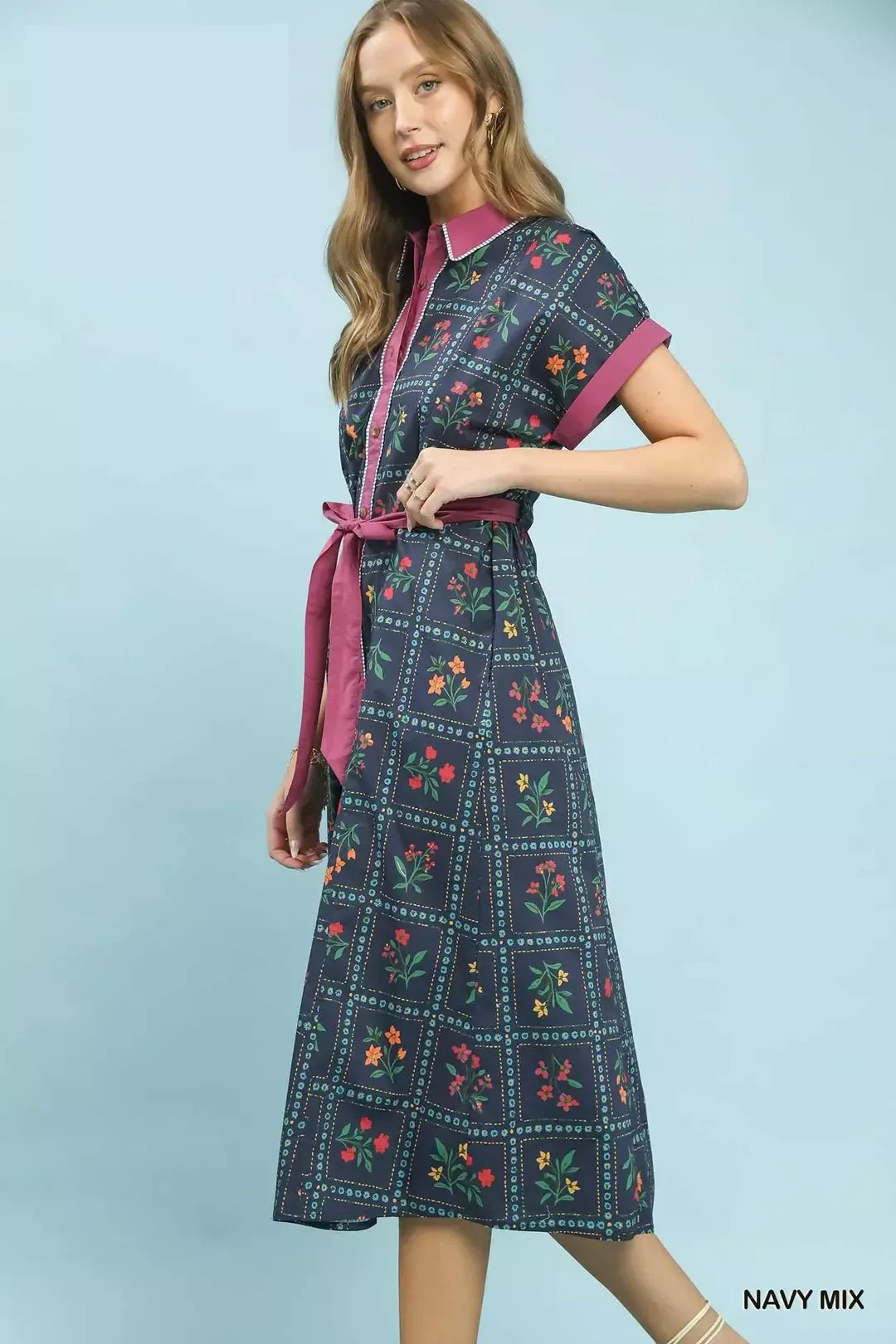 Umgee Mix Floral Button-Front Midi Dress