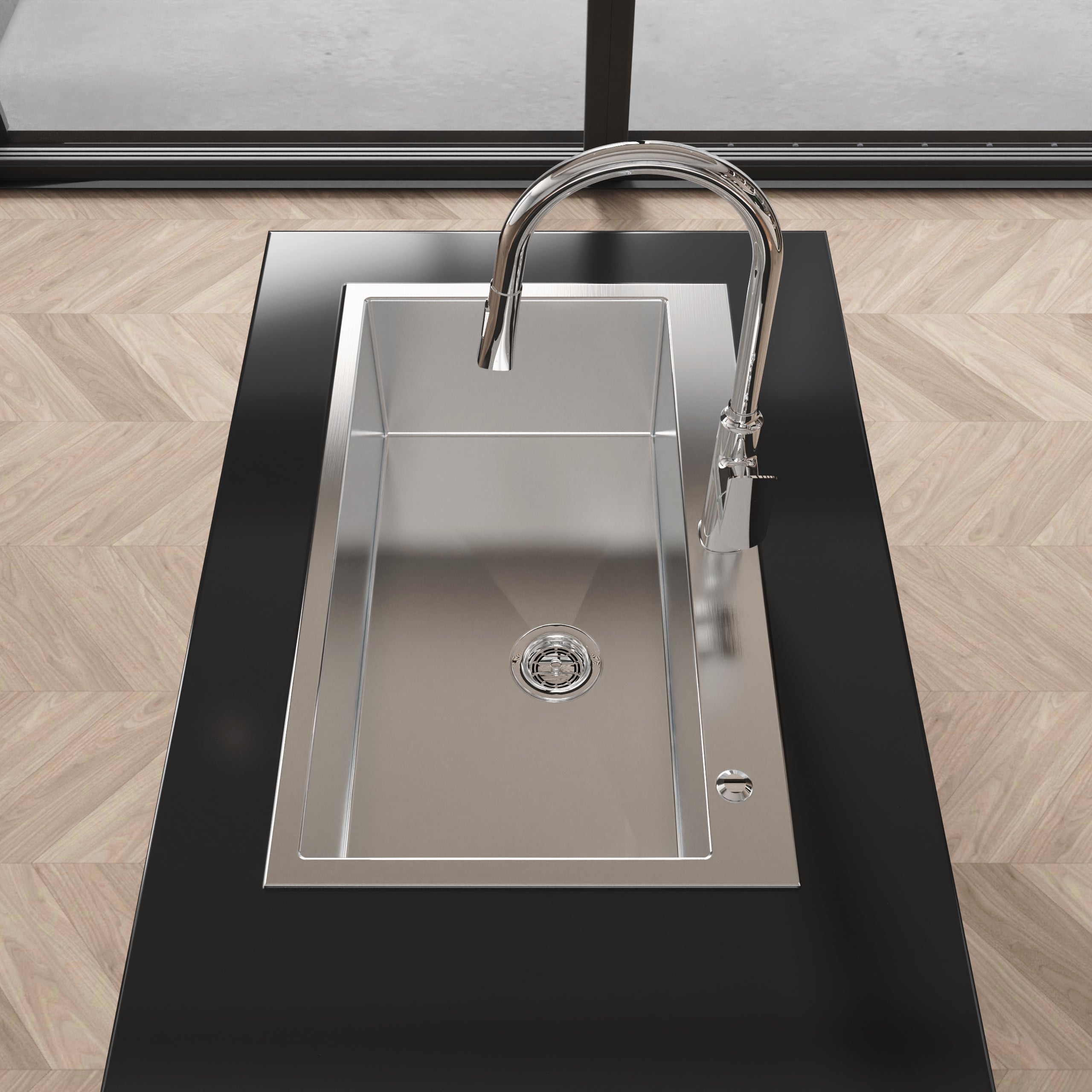 Stainless Steel Kitchen Sink, 32″x19″ Single Bowl, Overmount Handmade Sink in Brushed Nickel, with US Standard Drain and Hook, LS-SSBR02
