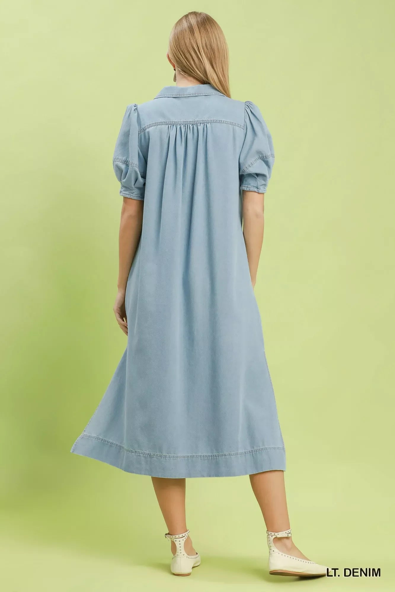 Umgee Chambray Collared Puff Sleeve Dress