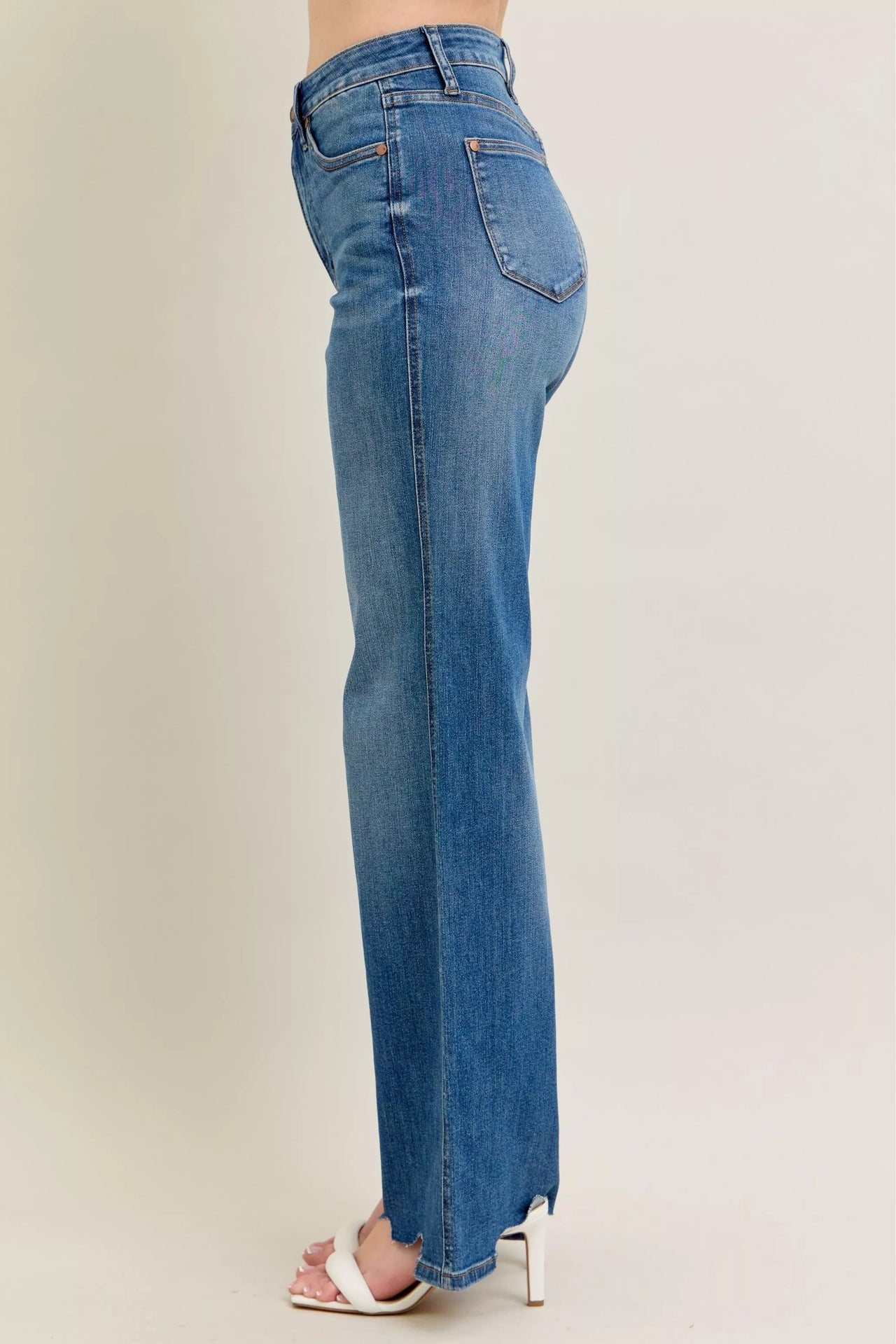 Judy Blue Full Size High Waist Tummy Control Chew Hem Destroyed Wide Jeans Plus Size