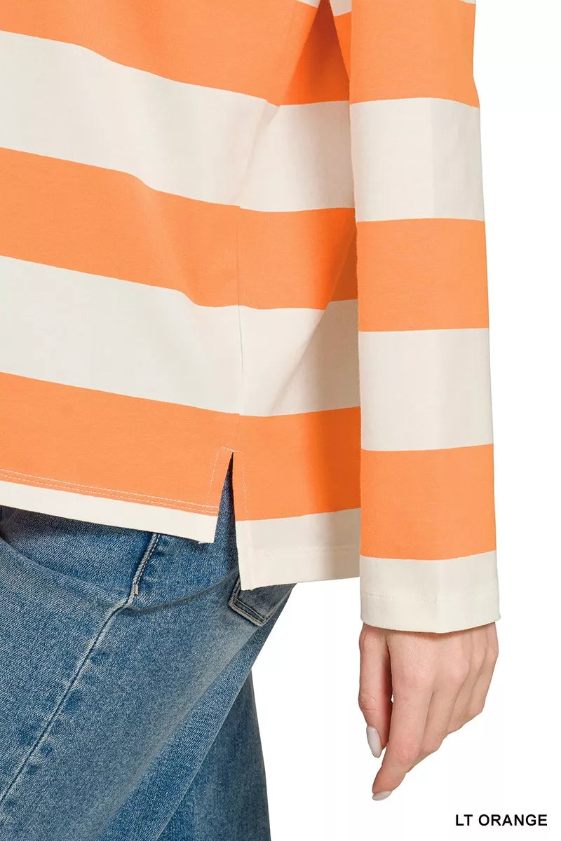 Zenana Striped Contrast Collar Polo Top