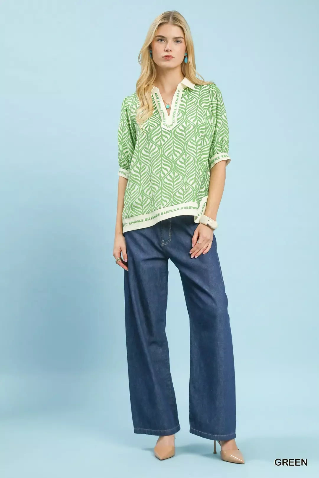 Umgee Geometric Leaf Print Popover Top