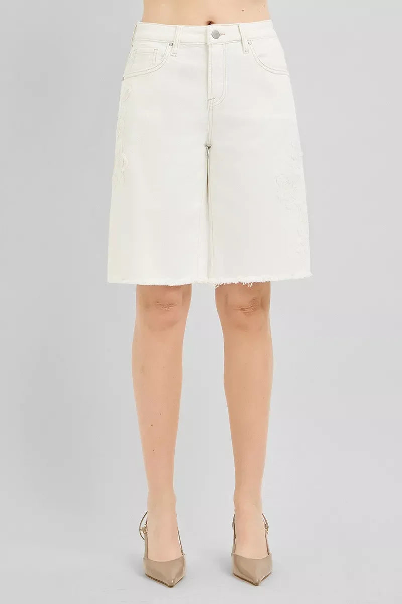 RISEN Slouchy Relaxed Floral Embroidered Bermuda Denim Shorts