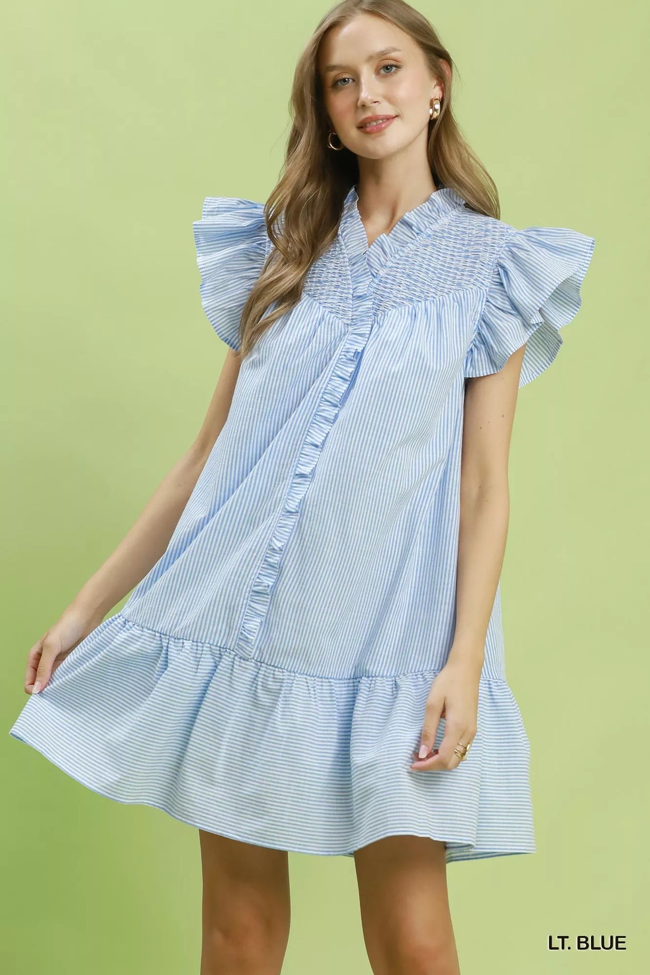 Umgee Stripe Smocked Yoke Ruffle Dress