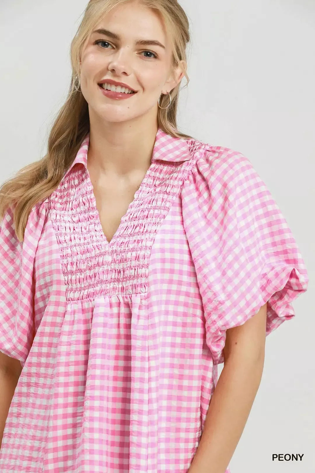 Umgee Smocked Yoke Puff Sleeve Gingham Blouse