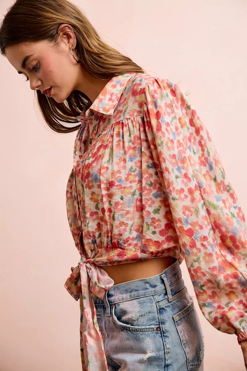 BiBi Floral Print Tie Hem Detail Crop Shirt